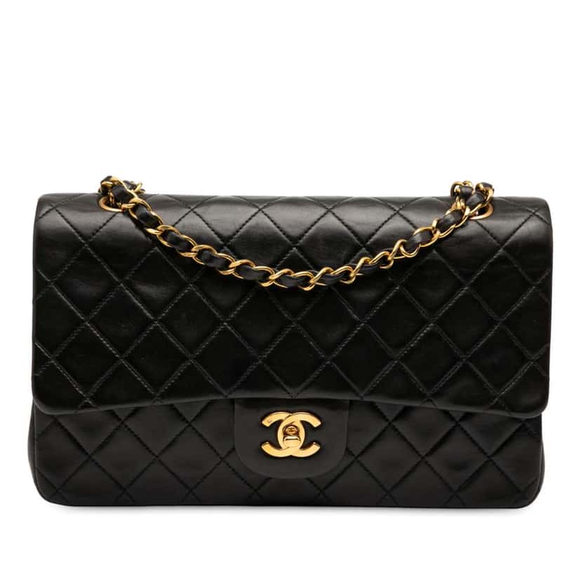 Chanel Medium Classic Lambskin Double Flap Black Leather Good condition - Front View