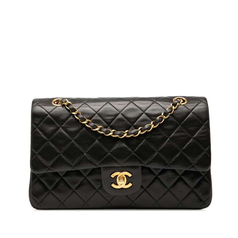 Chanel Medium Classic Lambskin Double Flap Black Leather Good condition - Front View