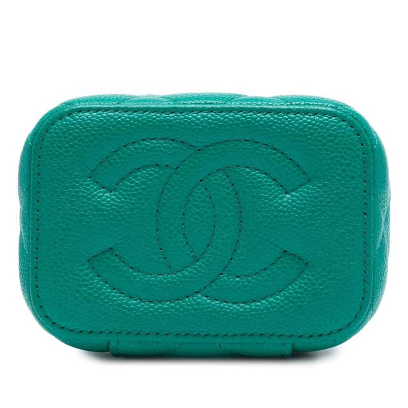 Chanel Mini Quilted Caviar CC Sweetheart Vanity Case with Chain Green Leather Good condition - Inside View