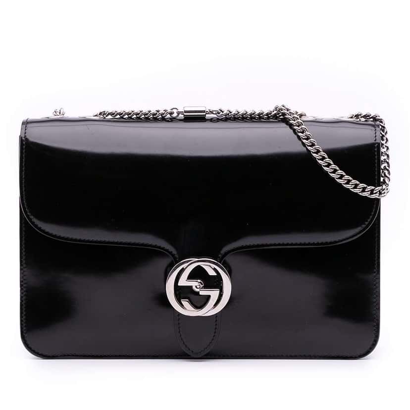 Gucci Medium Patent Dollar Interlocking G Crossbody Black Leather Good condition - Front View