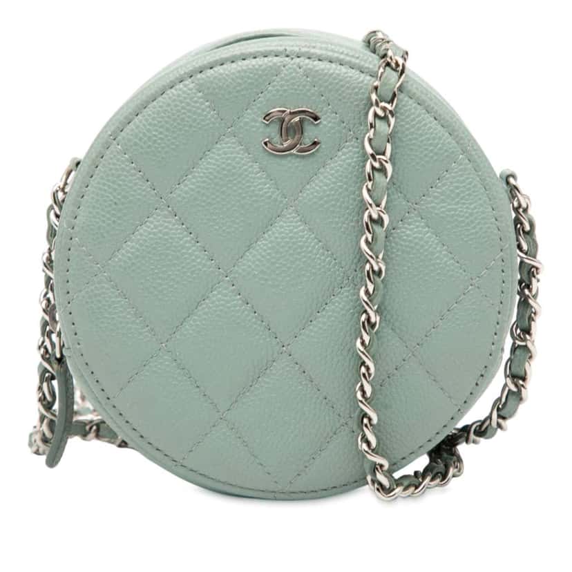Chanel CC Quilted Caviar Round Clutch With Chain Blue Leather Good condition - Front View