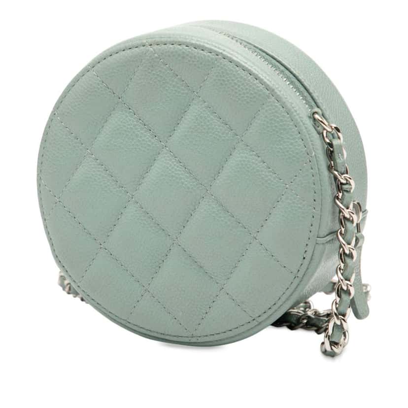 Chanel CC Quilted Caviar Round Clutch With Chain Blue Leather Good condition - Back View
