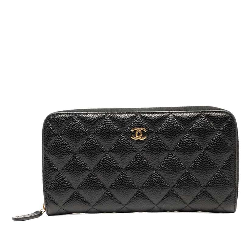 Chanel CC Quilted Caviar Zip Around Long Wallet Black Leather Good condition - Front View