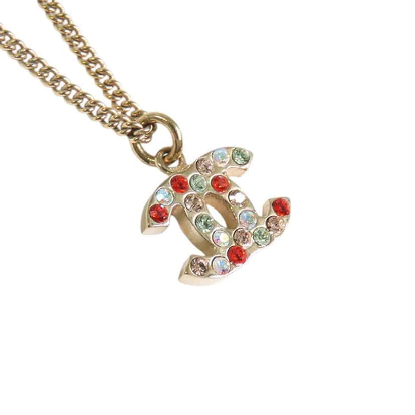 Chanel Gold Plated CC Rhinestones Pendant Necklace Gold Metal Good condition - Back View