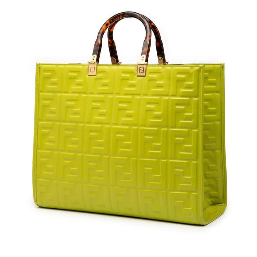 Fendi Medium Zucca Embossed Leather Sunshine Shopper Tote Green Leather Good condition - Back View