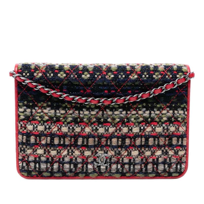 Chanel CC Quilted Tweed Wallet On Chain Red Tweed Very good condition - Front View