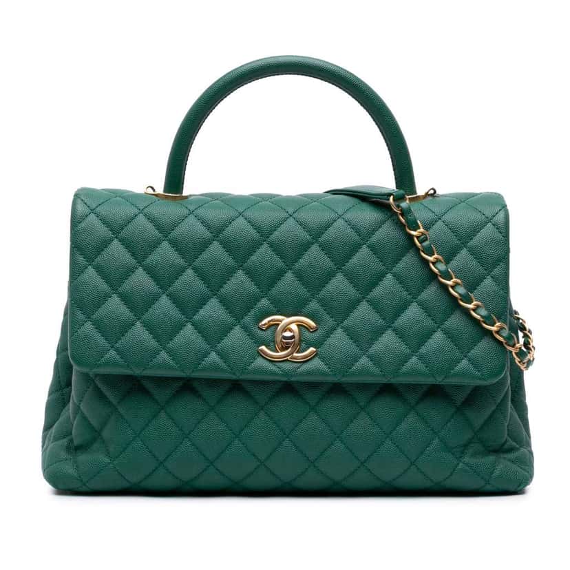 Chanel Medium Quilted Caviar Coco Top Handle Bag Green Leather Good condition - Front View