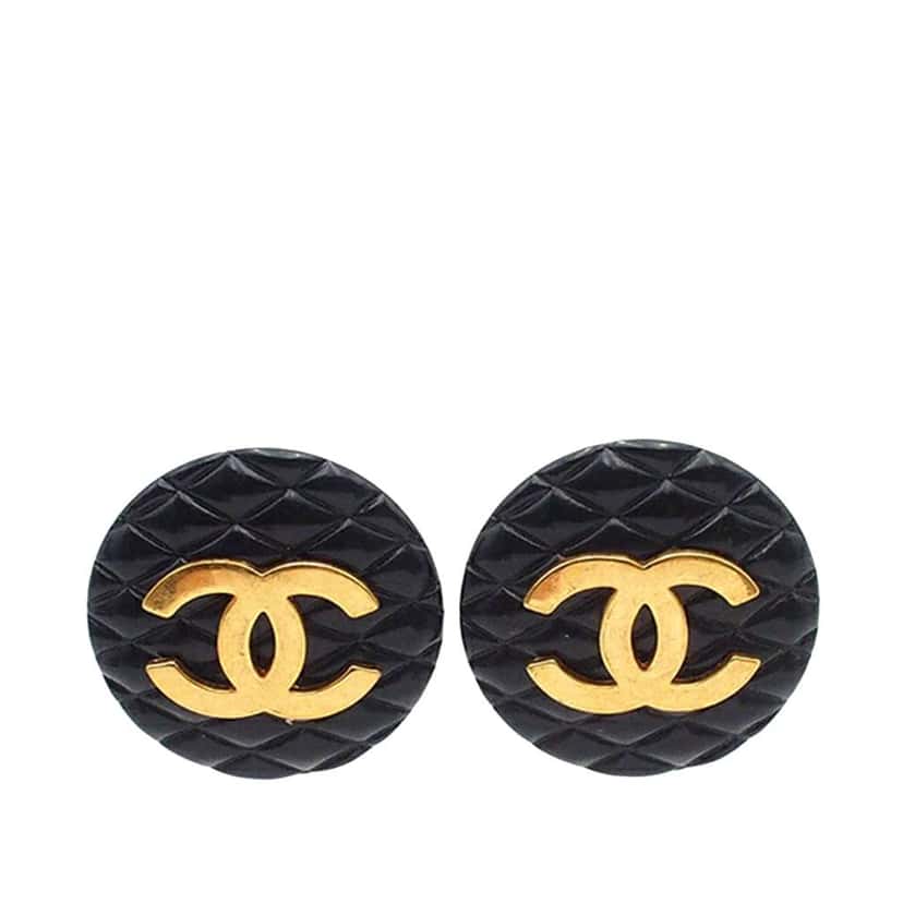 Chanel CC Resin and Gold Plated Quilted Button Clip On Earrings Black Good condition - Front View