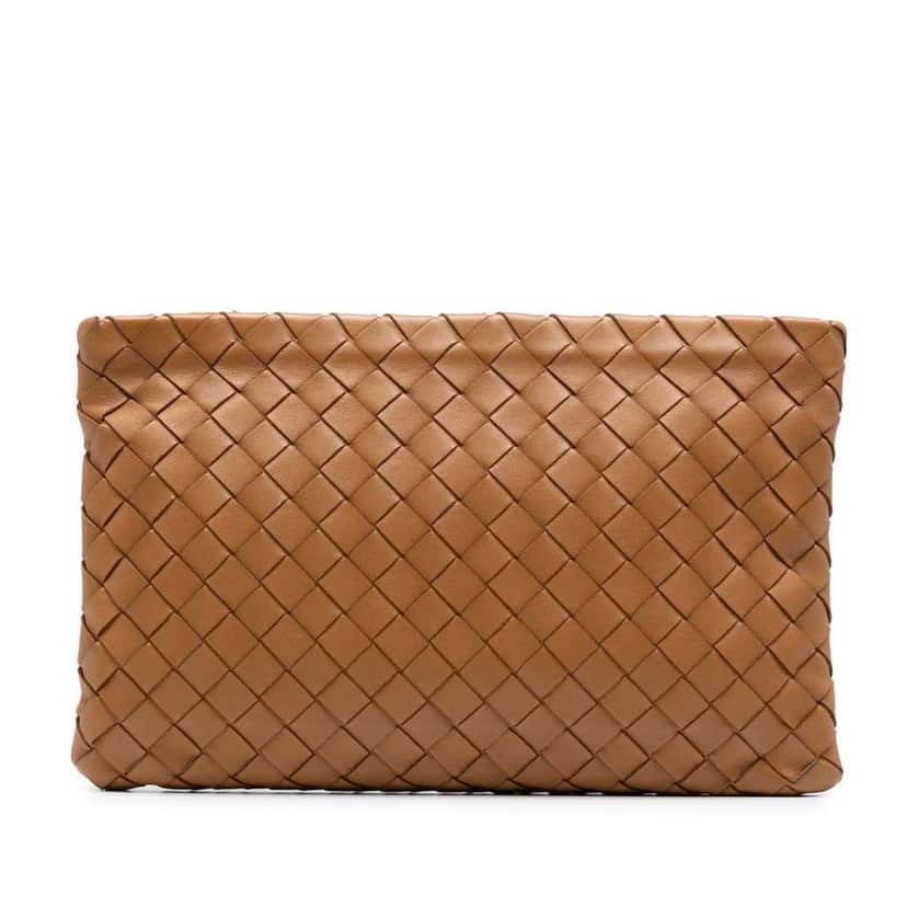 Bottega Veneta Large Nappa Intrecciato Flat Zip Pouch Brown Leather Good condition - Front View
