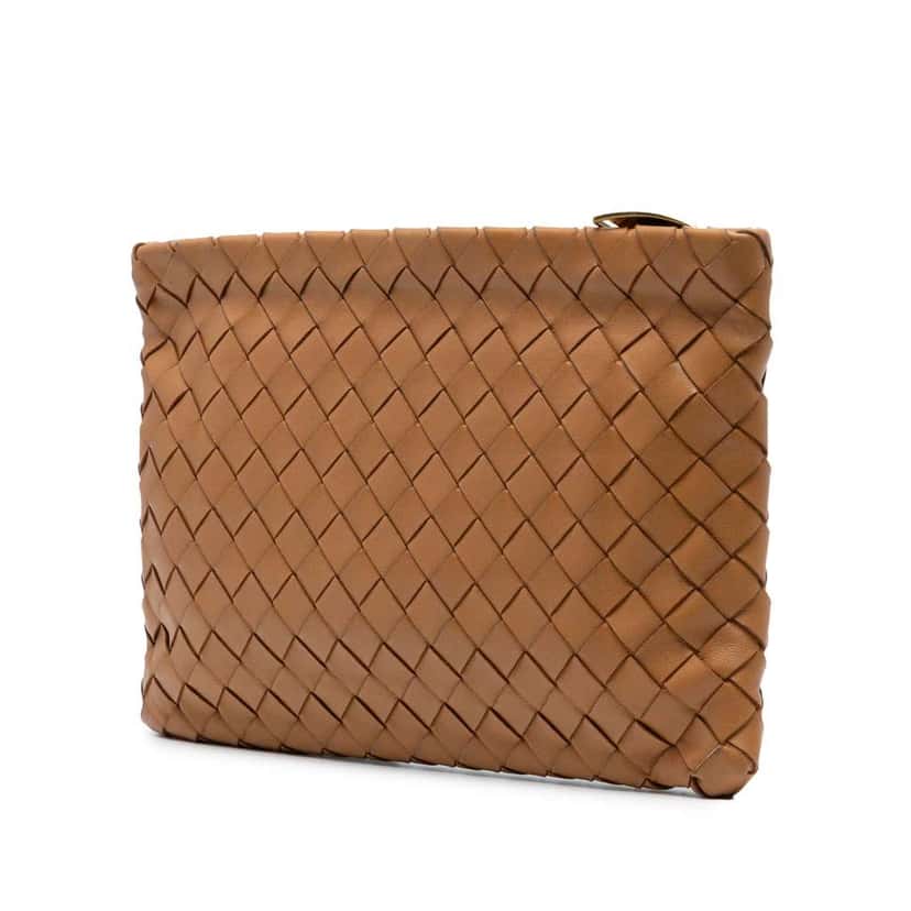 Bottega Veneta Large Nappa Intrecciato Flat Zip Pouch Brown Leather Good condition - Back View