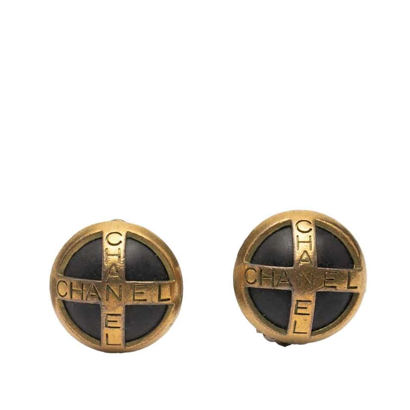 Chanel Gold Plated and Acrylic CC Round Clip On Earrings Gold Metal Good condition - Front View