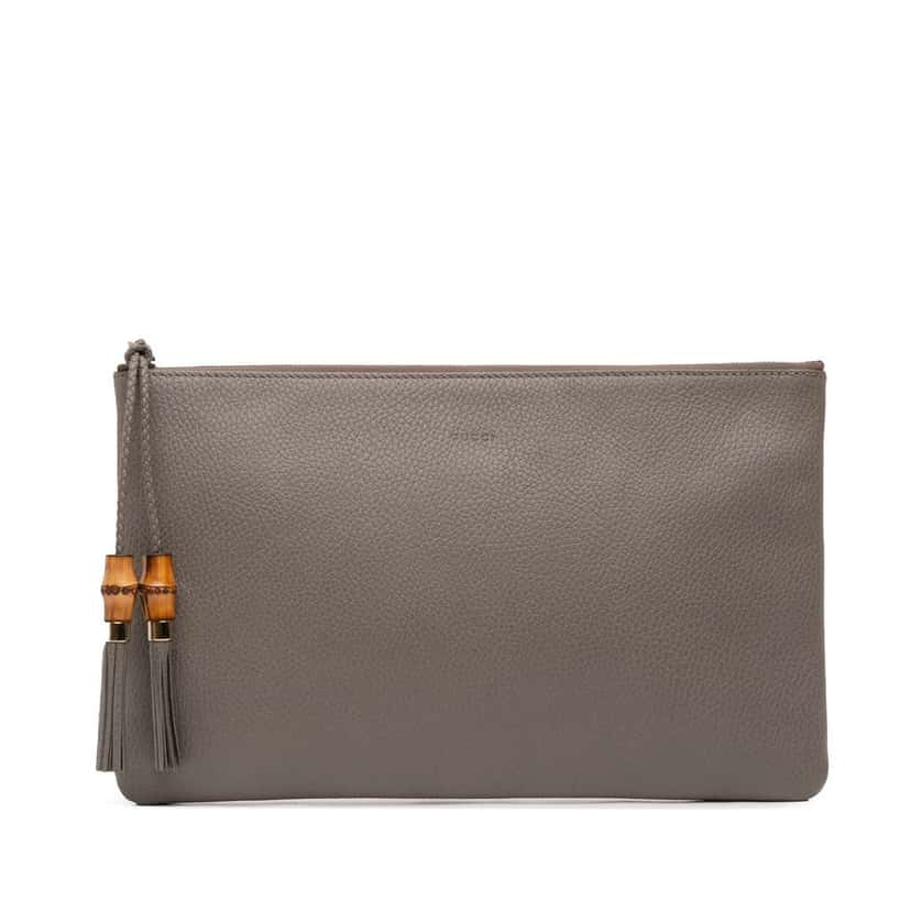 Gucci Calfskin Bamboo Tassel Clutch Grey Leather Good condition - Front View