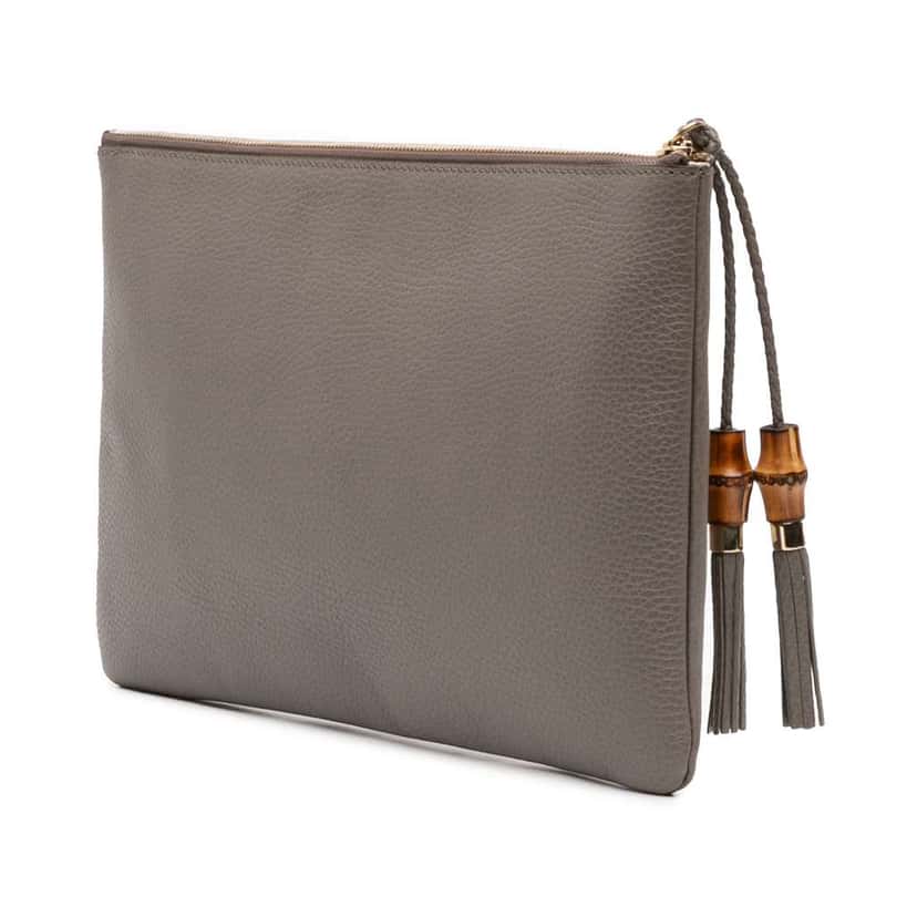 Gucci Calfskin Bamboo Tassel Clutch Grey Leather Good condition - Back View