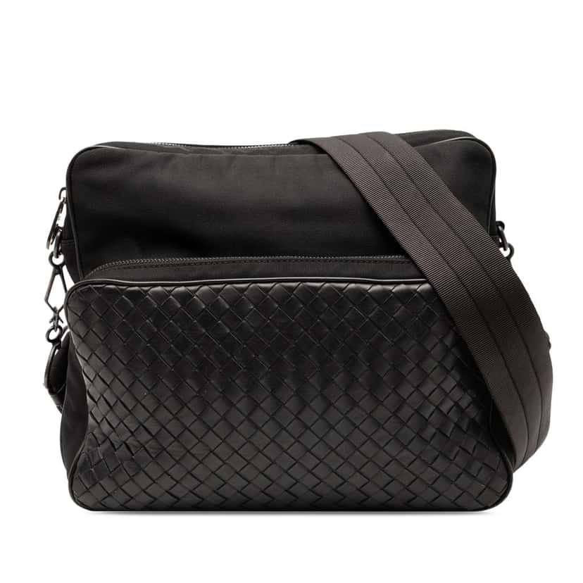 Bottega Veneta Nappa Intrecciato Trimmed Canvas Messenger Bag Black Leather Very good condition - Front View