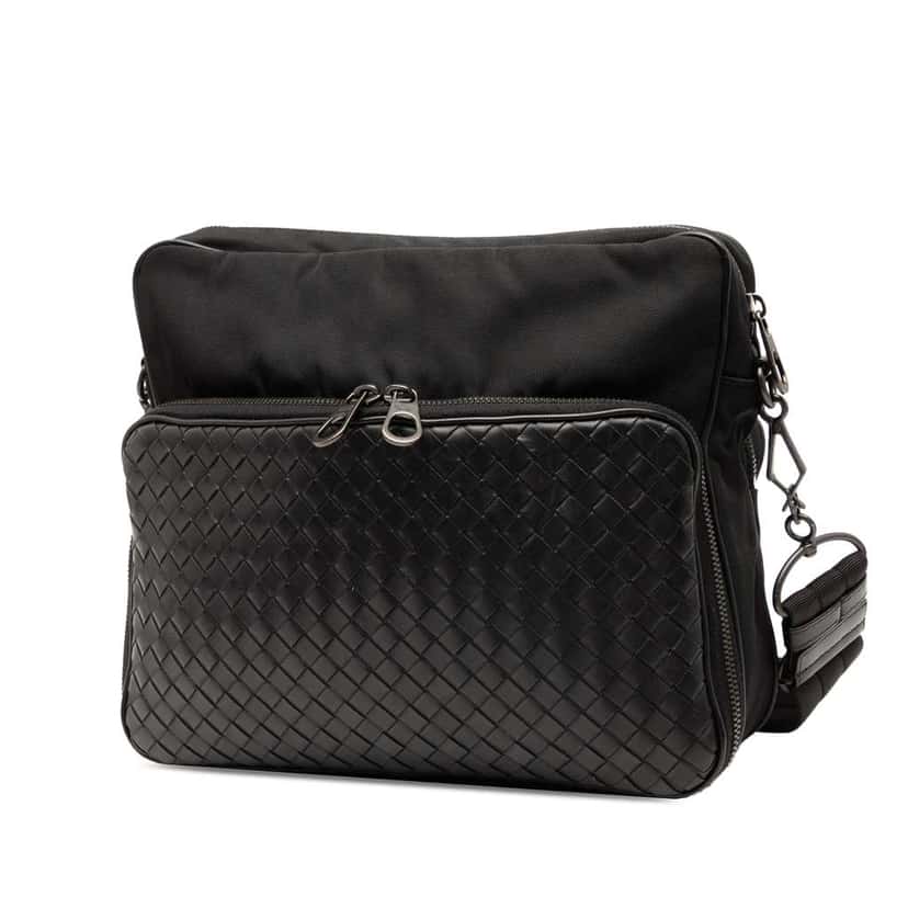 Bottega Veneta Nappa Intrecciato Trimmed Canvas Messenger Bag Black Leather Very good condition - Back View