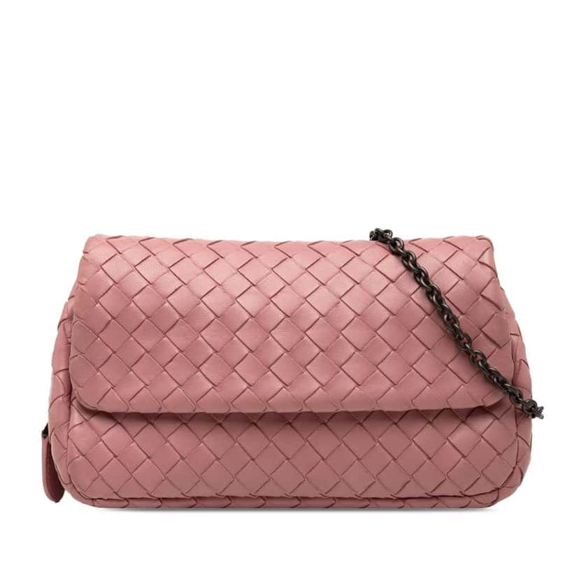Bottega Veneta Mini Nappa Intrecciato Expandable Chain Crossbody Pink Leather Good condition - Front View