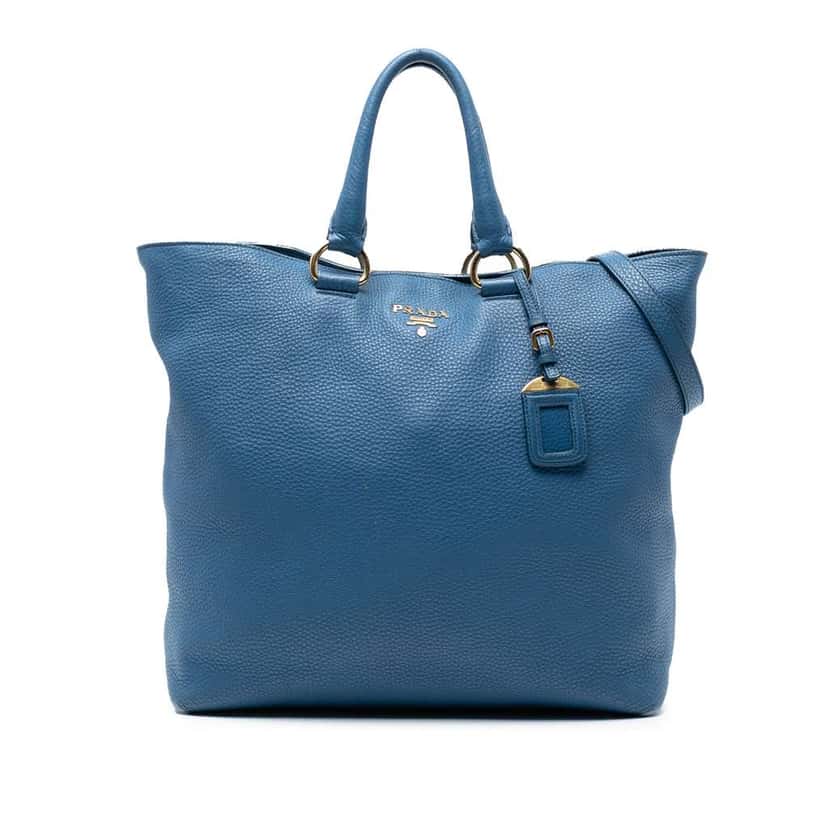 Prada Vitello Daino Open Convertible Tote Blue Leather Good condition - Front View