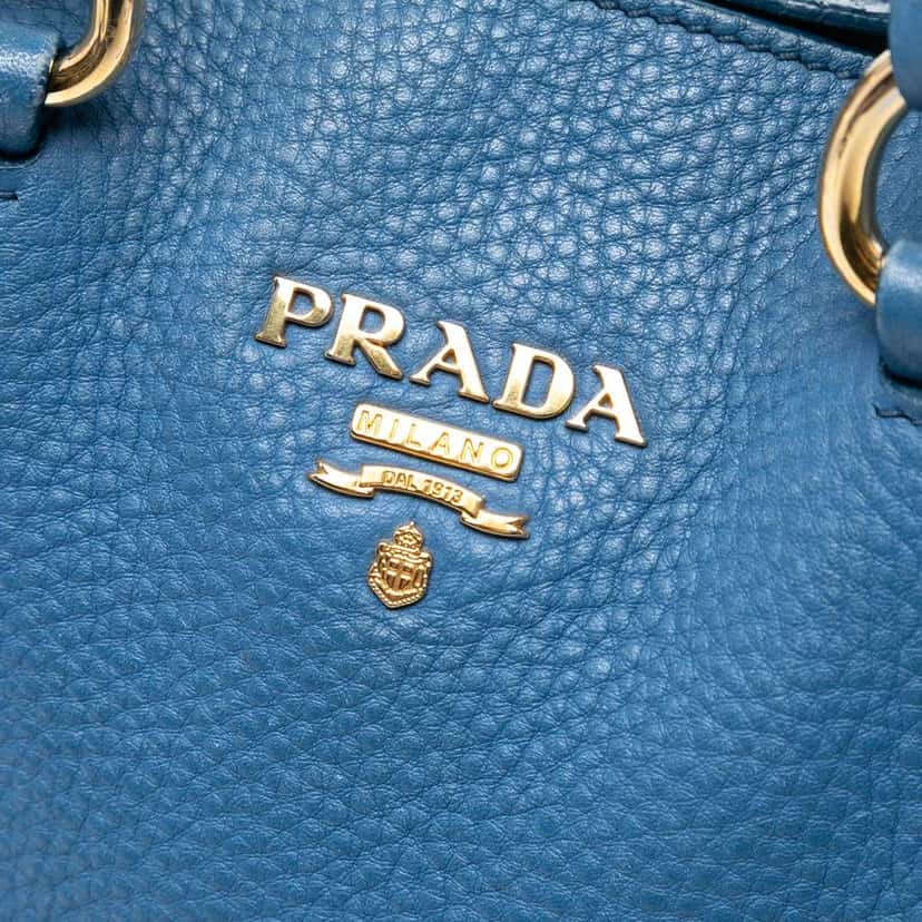 Prada Vitello Daino Open Convertible Tote Blue Leather Good condition - Box View
