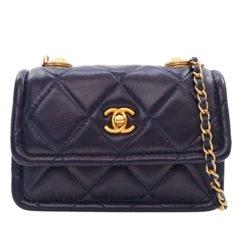 Chanel Mini Quilted Shiny Lambskin Button On Top Flap Blue Leather Good condition - Front View