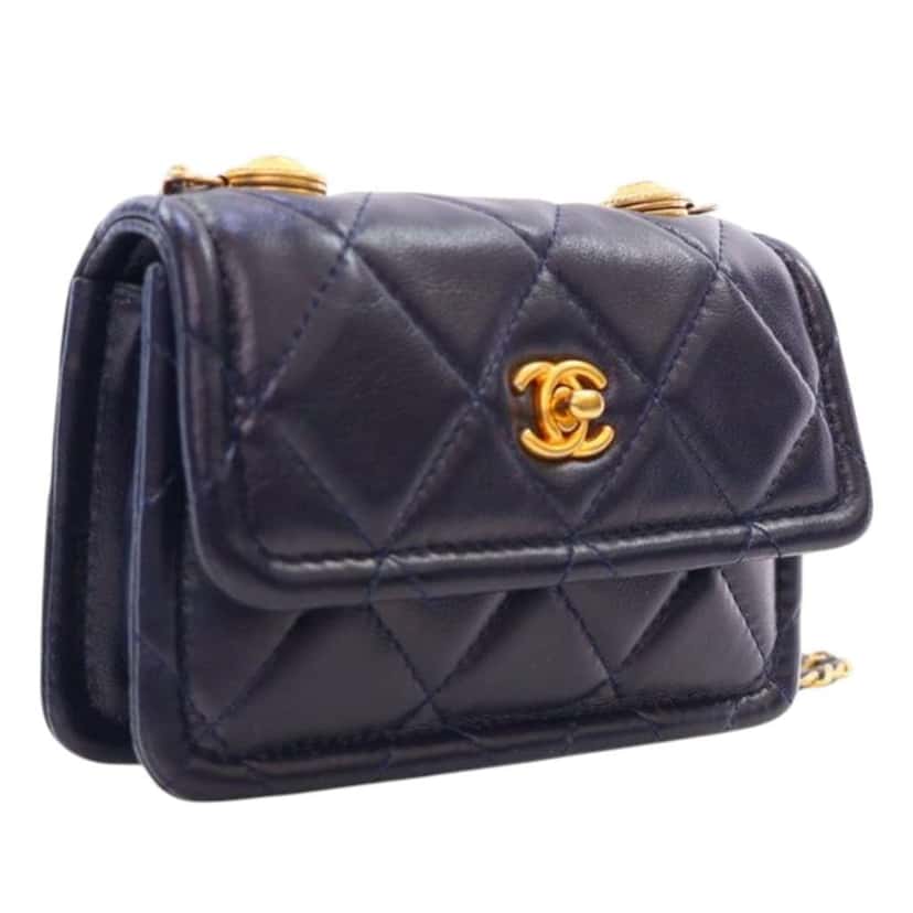 Chanel Mini Quilted Shiny Lambskin Button On Top Flap Blue Leather Good condition - Back View
