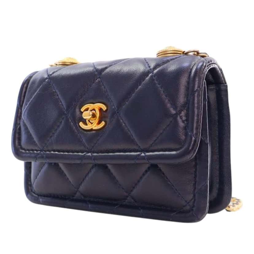 Chanel Mini Quilted Shiny Lambskin Button On Top Flap Blue Leather Good condition - Inside View