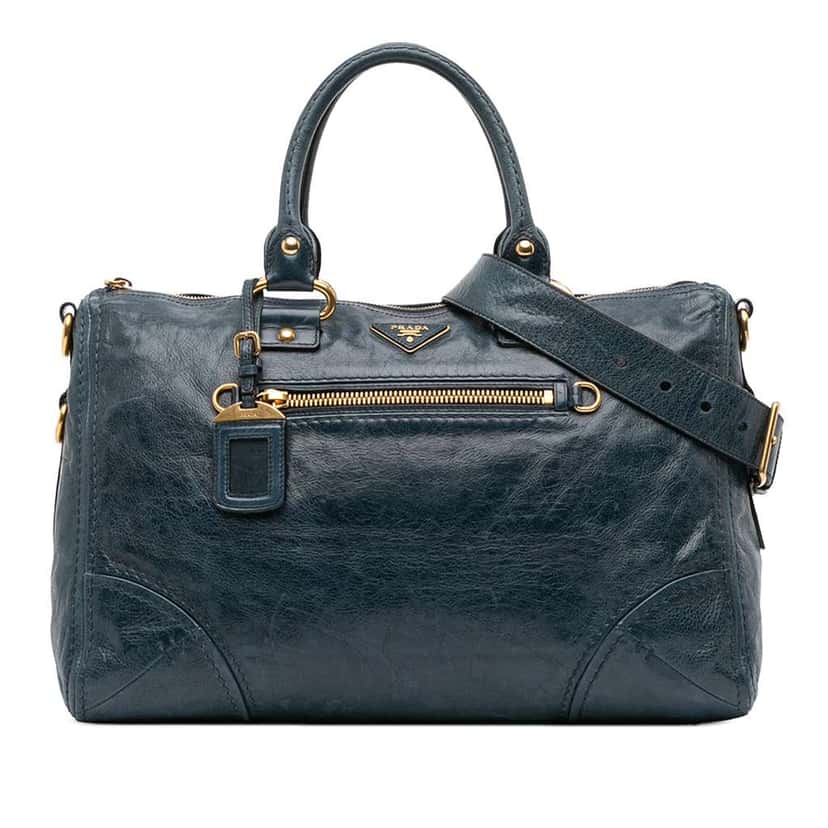 Prada Vitello Shine Zip Top Satchel Blue Leather Good condition - Front View