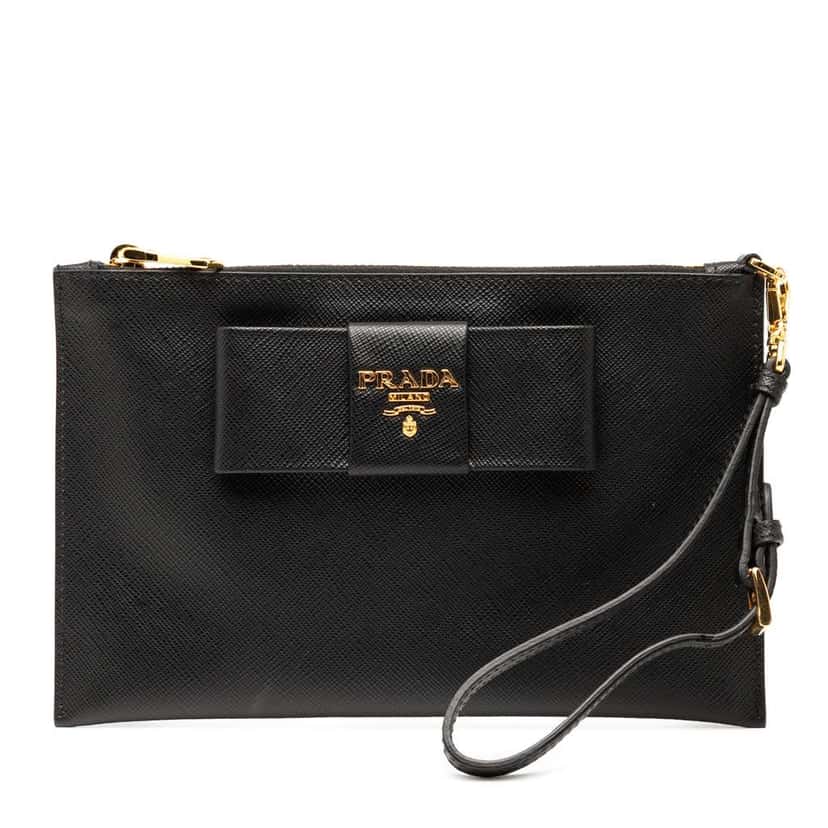 Prada Saffiano Bow Clutch Black Leather Good condition - Front View