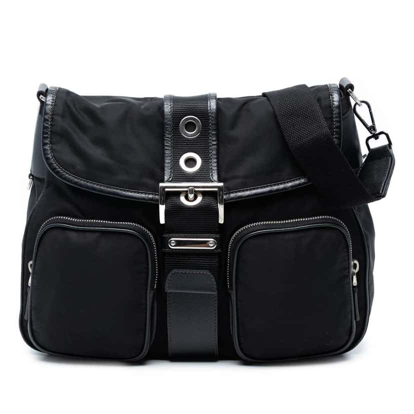 Prada Saffiano Trimmed Tessuto Buckle Messenger Bag Black Good condition - Front View