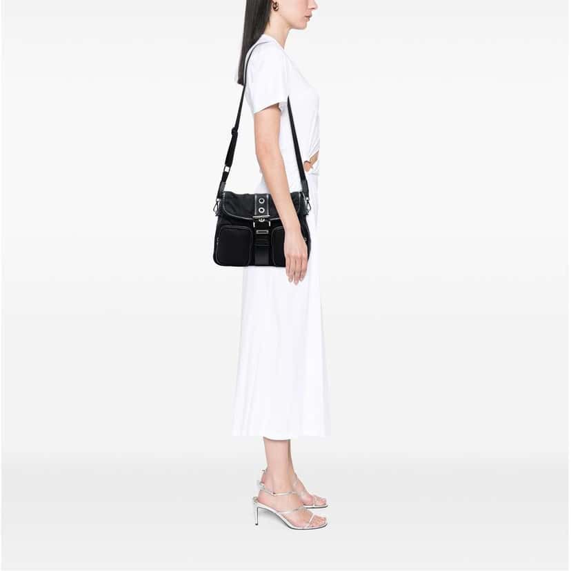 Prada Saffiano Trimmed Tessuto Buckle Messenger Bag Black Good condition - Box View