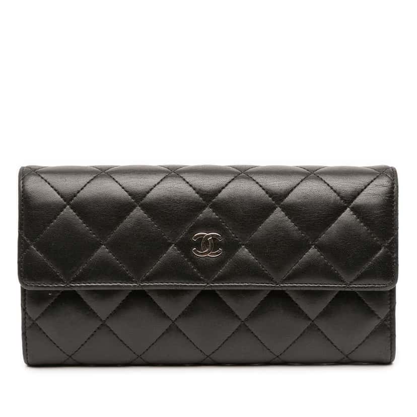Chanel CC Quilted Lambskin Long Wallet Black Leather Good condition - Front View