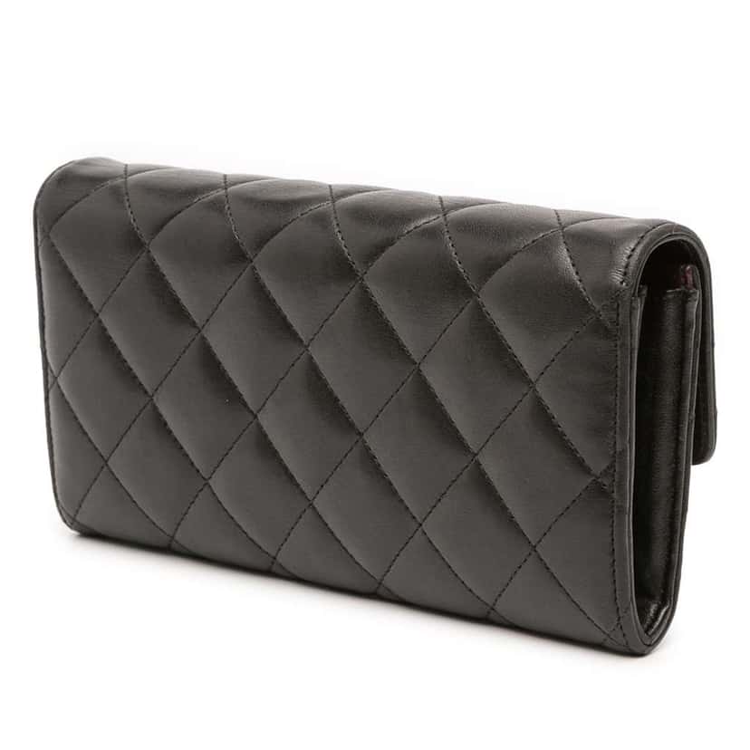 Chanel CC Quilted Lambskin Long Wallet Black Leather Good condition - Back View