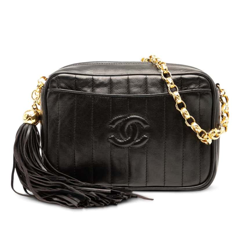 Chanel CC Quilted Lambskin Tassel Camera Bag Black Leather Very good condition - Front View