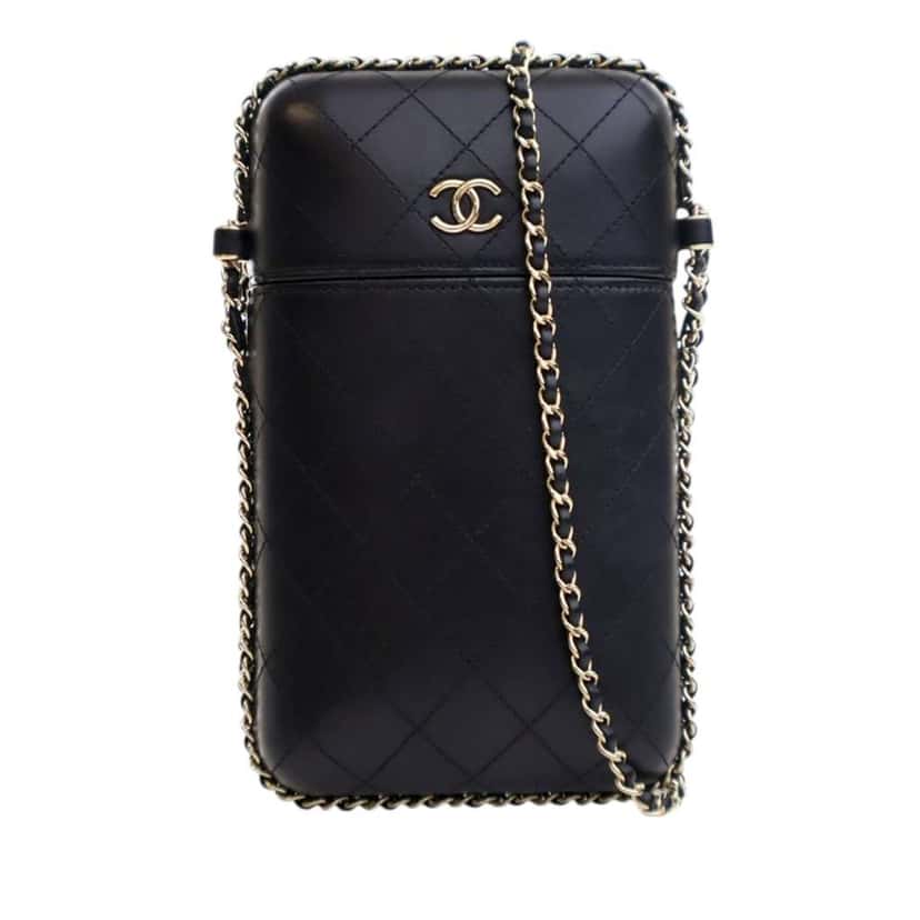 Chanel CC Quilted Lambskin Chain Around Phone Holder Black Leather Good condition - Front View