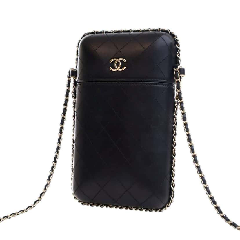 Chanel CC Quilted Lambskin Chain Around Phone Holder Black Leather Good condition - Back View
