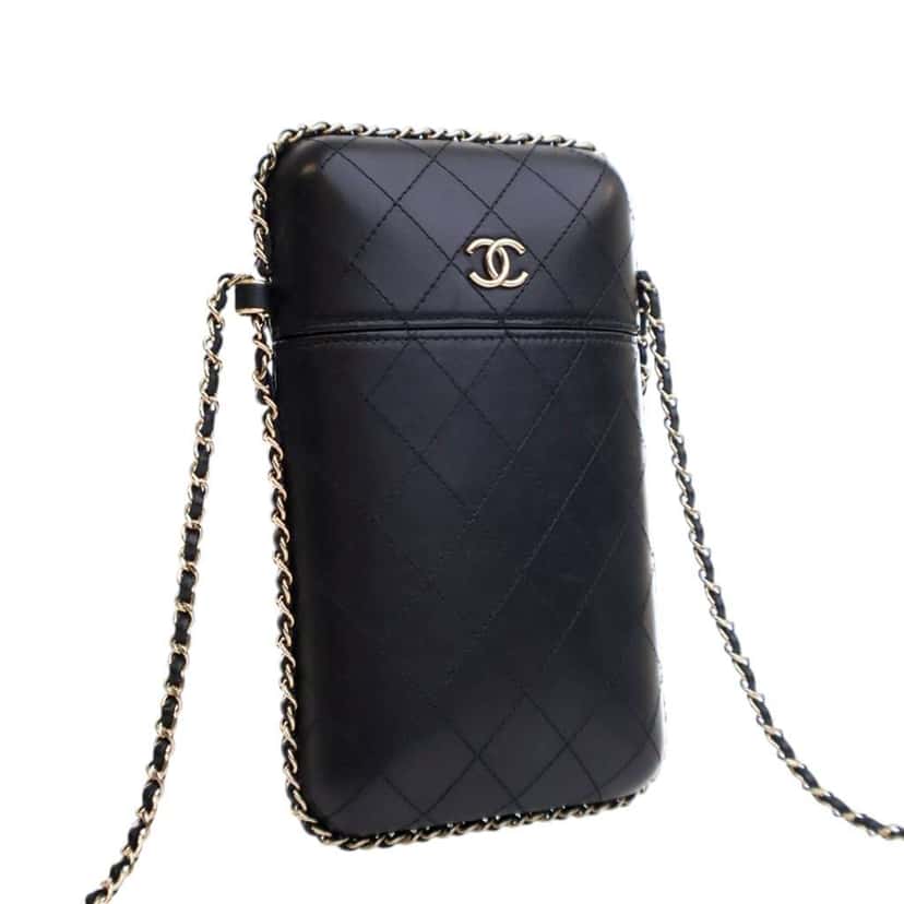 Chanel CC Quilted Lambskin Chain Around Phone Holder Black Leather Good condition - Inside View