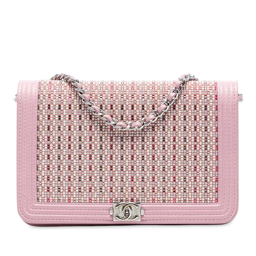 Chanel Calfskin Crystal Studded Boy Wallet on Chain Pink Leather Good condition - Front View