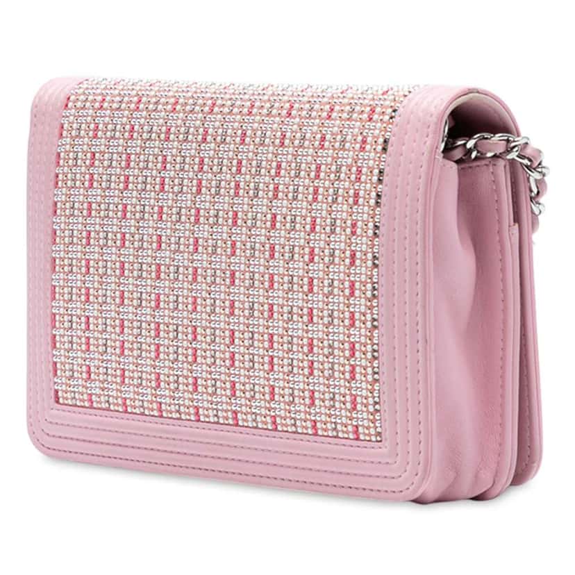 Chanel Calfskin Crystal Studded Boy Wallet on Chain Pink Leather Good condition - Back View