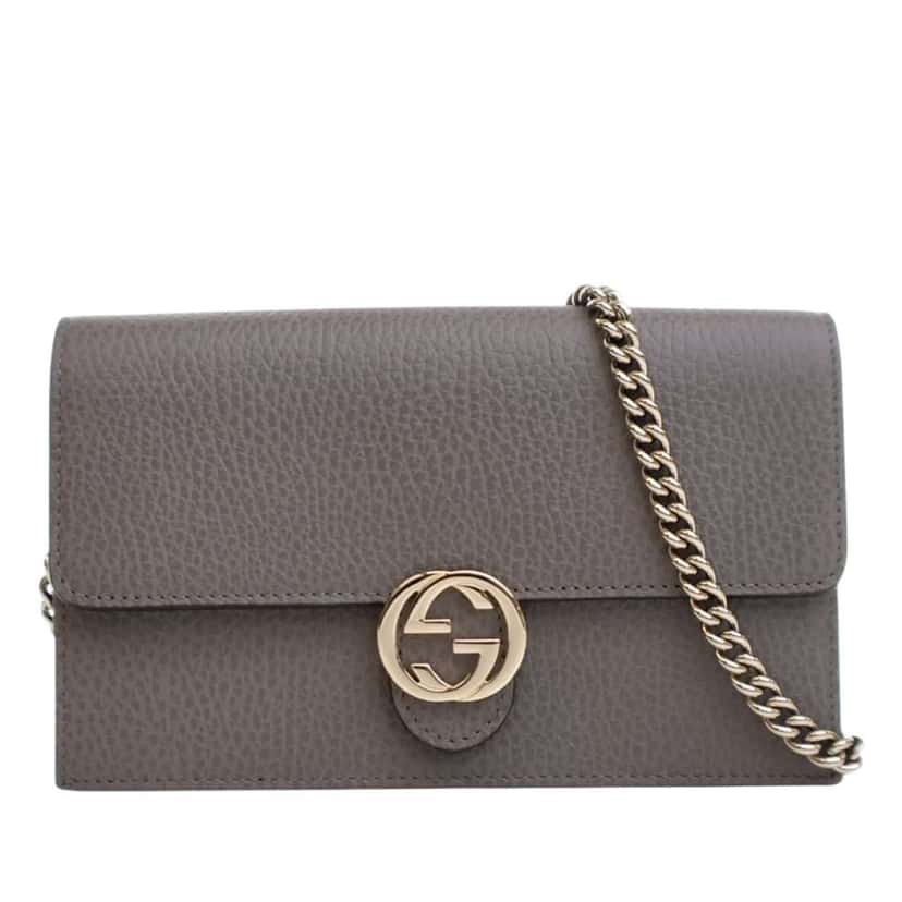 Gucci Leather Interlocking G Dollar Wallet on Chain Grey Leather Good condition - Front View