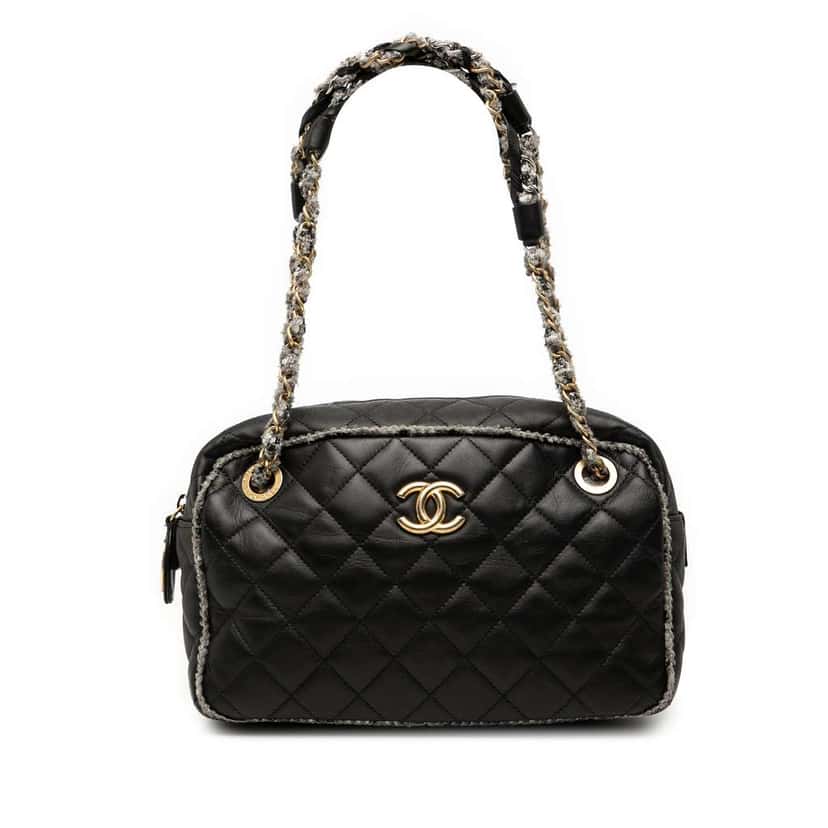Chanel CC Quilted Lambskin Tweedy Bowler Bag Black Leather Good condition - Front View