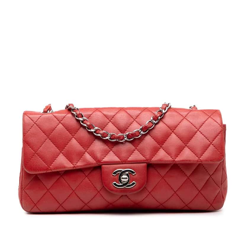 Chanel CC Quilted Lambskin East West Single Flap Red Leather Good condition - Front View