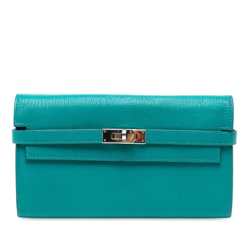 Hermès Chevre Mysore Kelly Longue Wallet Blue Leather Fair condition - Front View