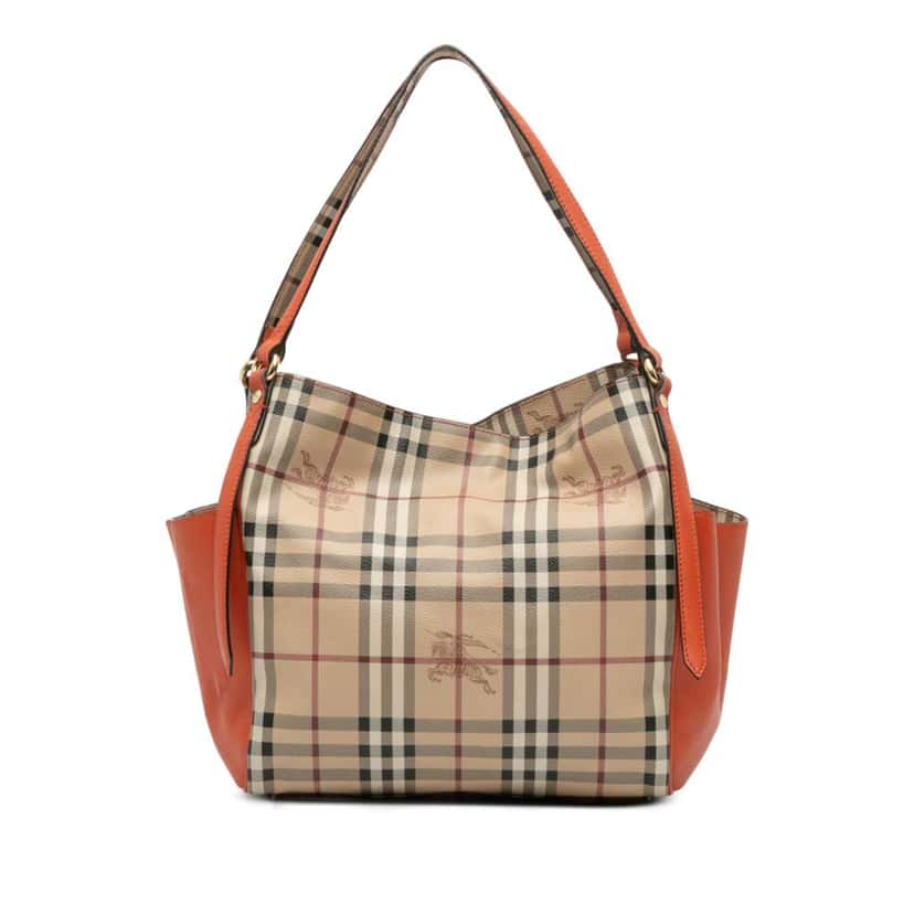 Burberry Small Leather Trimmed Haymarket Check Coated Canvas Canterbury Tote Brown Canvas Good condition - Front View