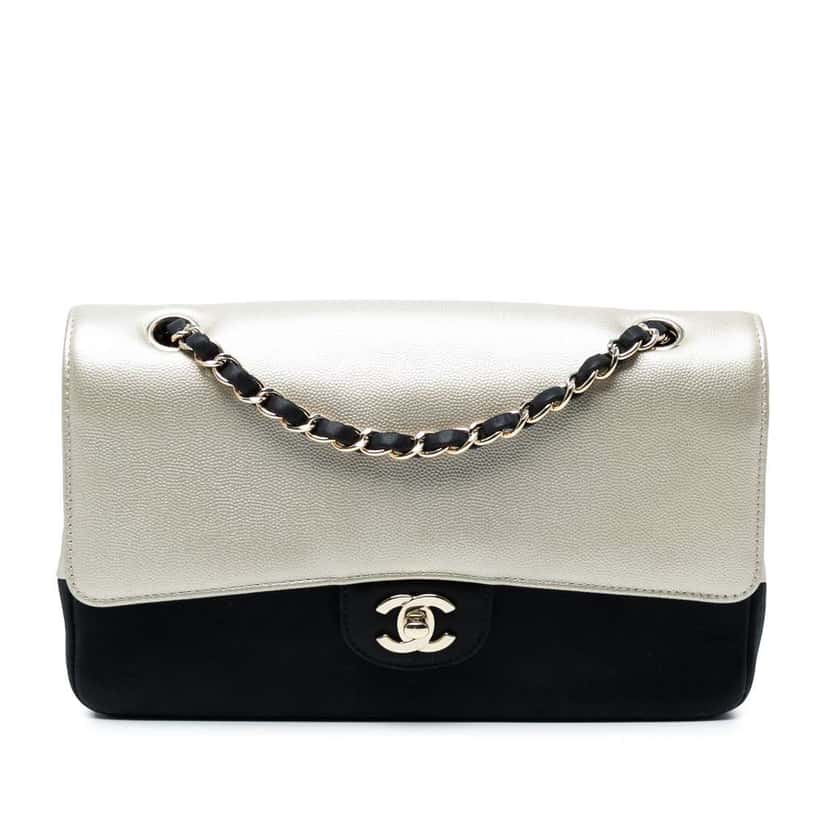 Chanel Medium Classic Bicolor Caviar Double Flap Silver Leather Good condition - Front View
