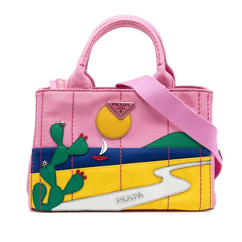 Prada Small Canvas Canapa Desert Motif Patch Satchel Pink Canvas Good condition - Front View
