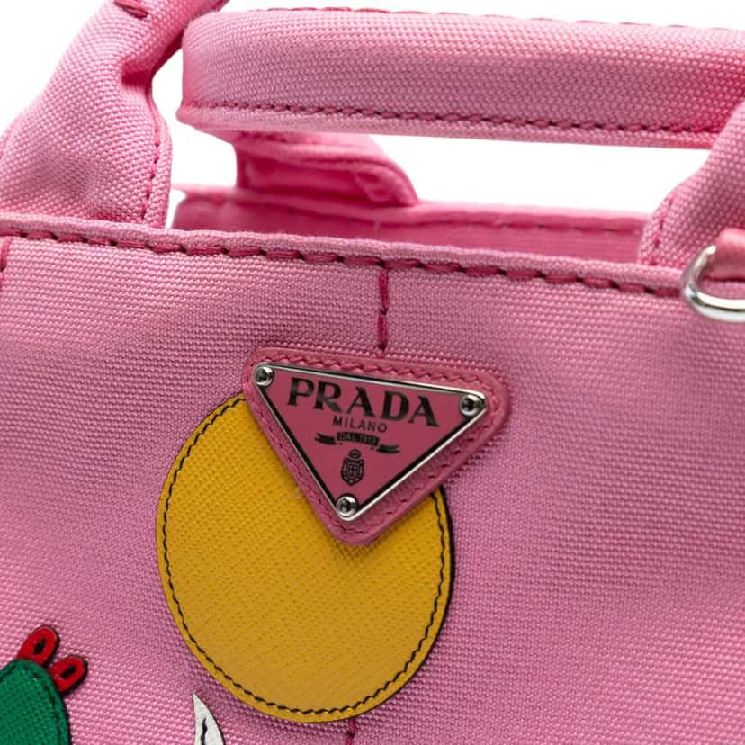 Prada Small Canvas Canapa Desert Motif Patch Satchel Pink Canvas Good condition - Box View