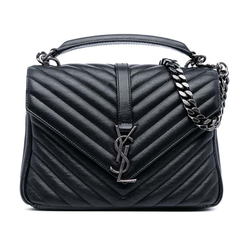 Saint Laurent Medium Quilted Chevron Sheepskin College Satchel Black Leather Good condition - Front View