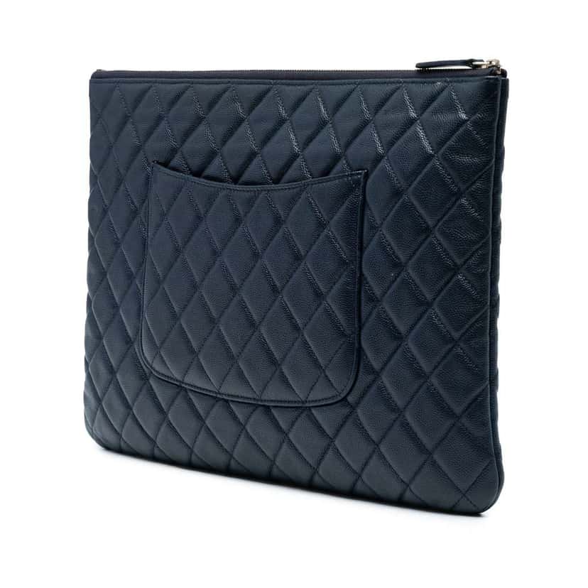 Chanel Large Quilted Caviar O Case Clutch Blue Leather Good condition - Back View