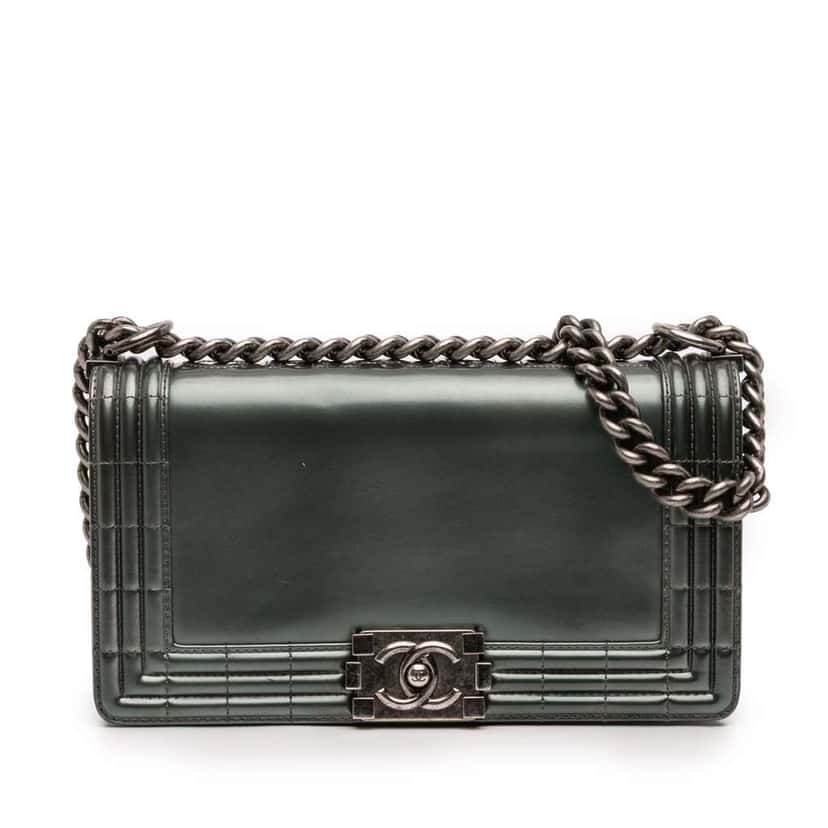 Chanel Old Medium Metallic Lambskin Boy Reverso Flap Green Leather Good condition - Front View