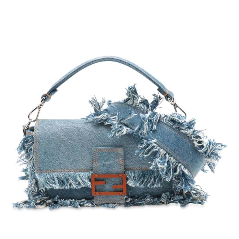 Fendi Frayed Denim Baguette Satchel Blue Denim Good condition - Front View