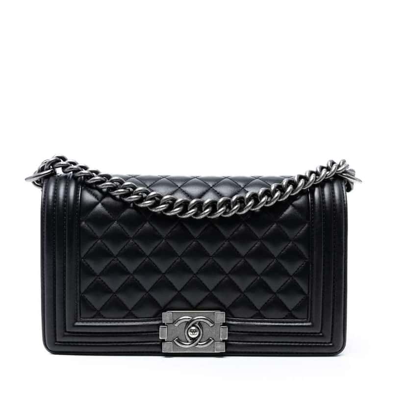 Chanel Old Medium Quilted Lambskin Boy Flap Black Leather Good condition - Front View